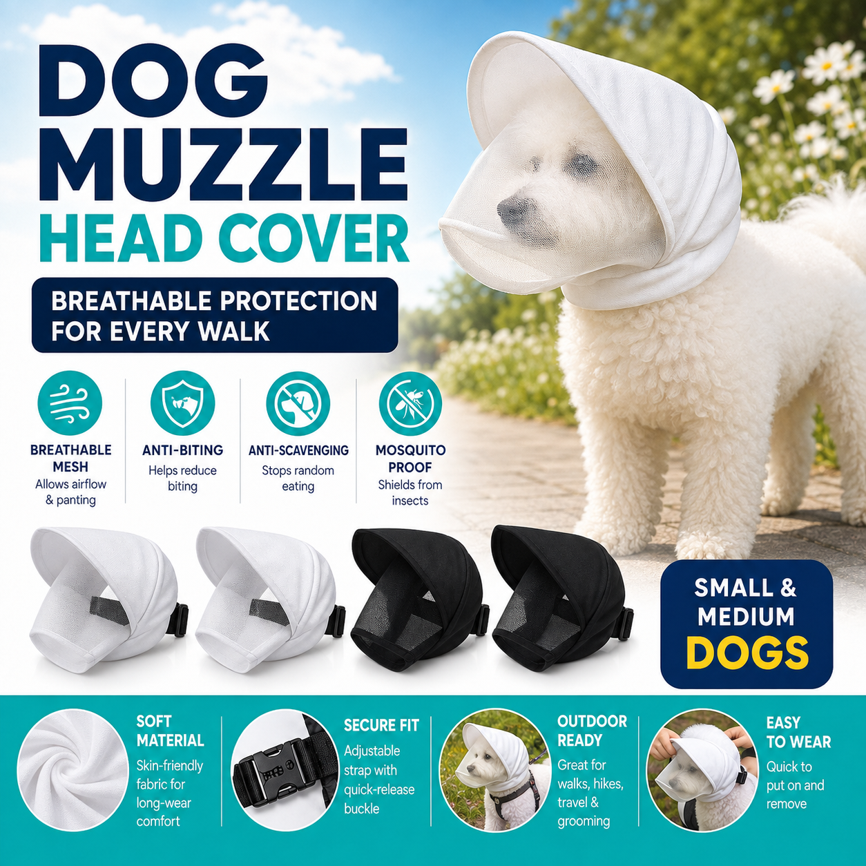 🐶 Breathable Adjustable Dog Muzzle Head Cover -  Anti Biting, Anti Scavenging &  Mosquito Proof for Small Medium Dogs | ☀️ Summer Outdoor