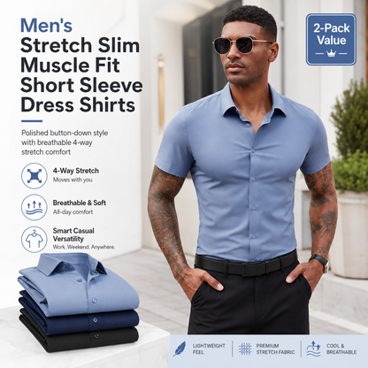 💪 Men's Stretch Slim Fit Short Sleeve Shirt – Button-Down Casual Style