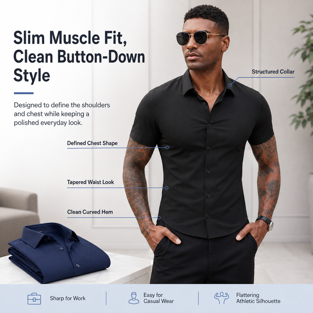 💪 Men's Stretch Slim Fit Short Sleeve Shirt – Button-Down Casual Style
