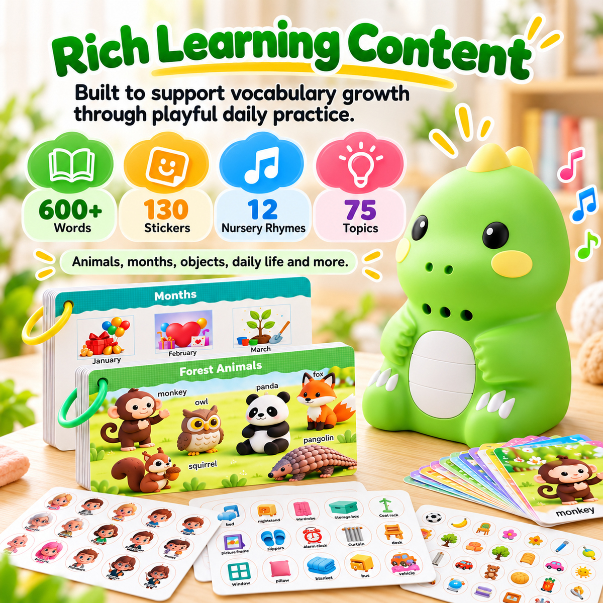 ✨Talking Dinosaur English Learning Toy for Toddlers – 600+ Words, Flashcards & Picture Stickers🦖