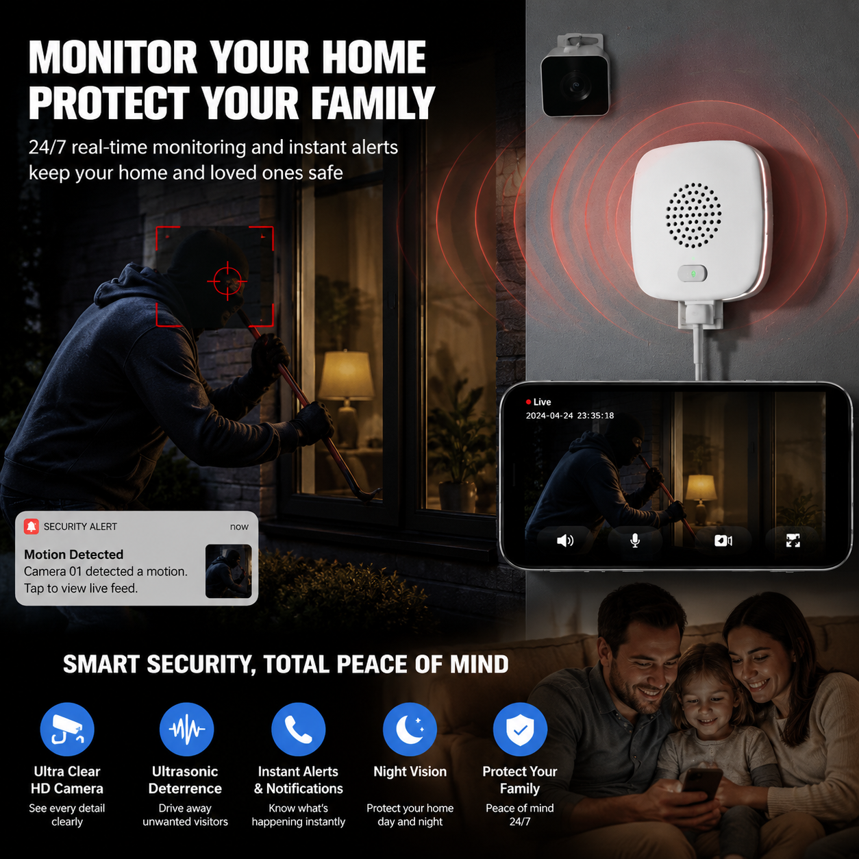 4K Dual-Function Security Camera | Home Monitor + Ultrasonic Repeller for Rats, Snakes & Stray Animals