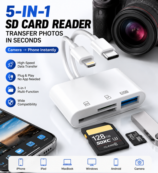 Hot💥Limited-time 49% discount🔌 5-in-1 SD Card Reader for iPhone & USB-C – Fast Photo & Video Transfer Adapter