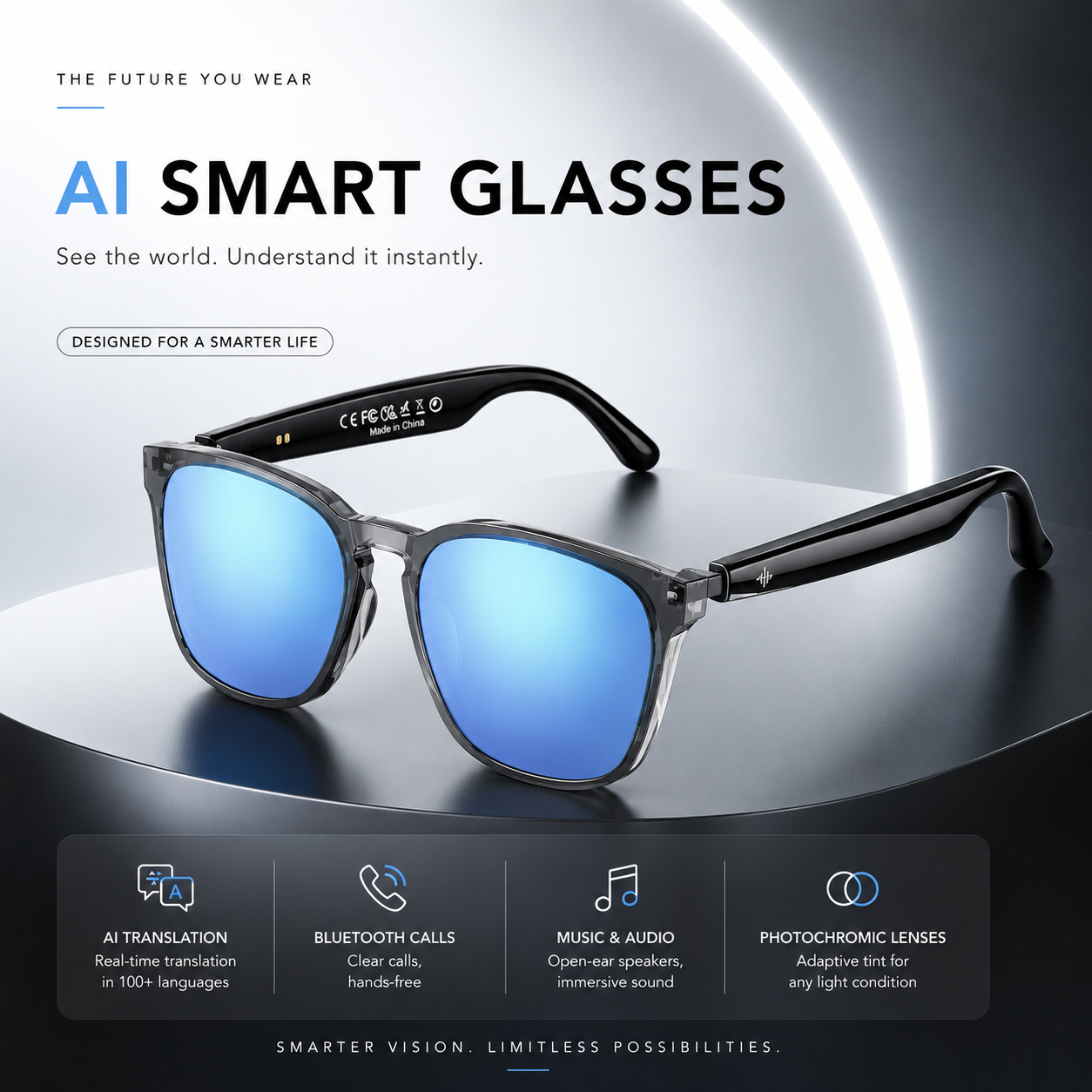 AI Vision Smart Glasses™—Real-time Translation, Camera, Music, and AI Assistant