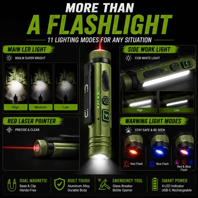 🔦11-in-1 Rechargeable EDC Flashlight – 800LM Magnetic Work Light with Laser