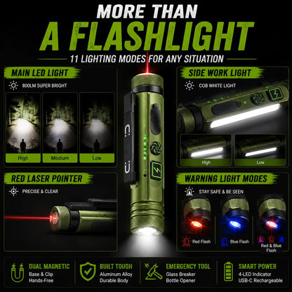 🔦11-in-1 Rechargeable EDC Flashlight – 800LM Magnetic Work Light with Laser