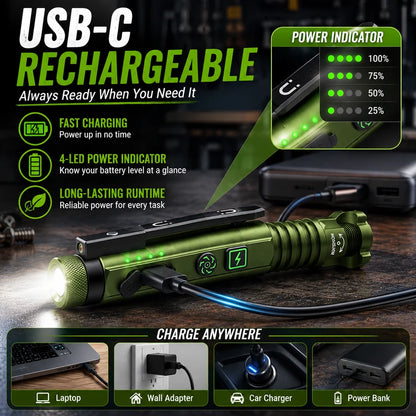 🔦11-in-1 Rechargeable EDC Flashlight – 800LM Magnetic Work Light with Laser