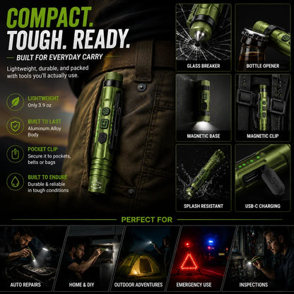 🔦11-in-1 Rechargeable EDC Flashlight – 800LM Magnetic Work Light with Laser