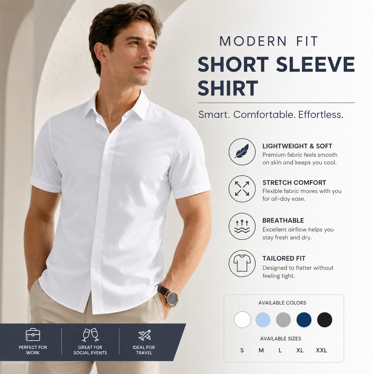 Men's Slim Fit Short Sleeve Dress Shirts 2-Pack
