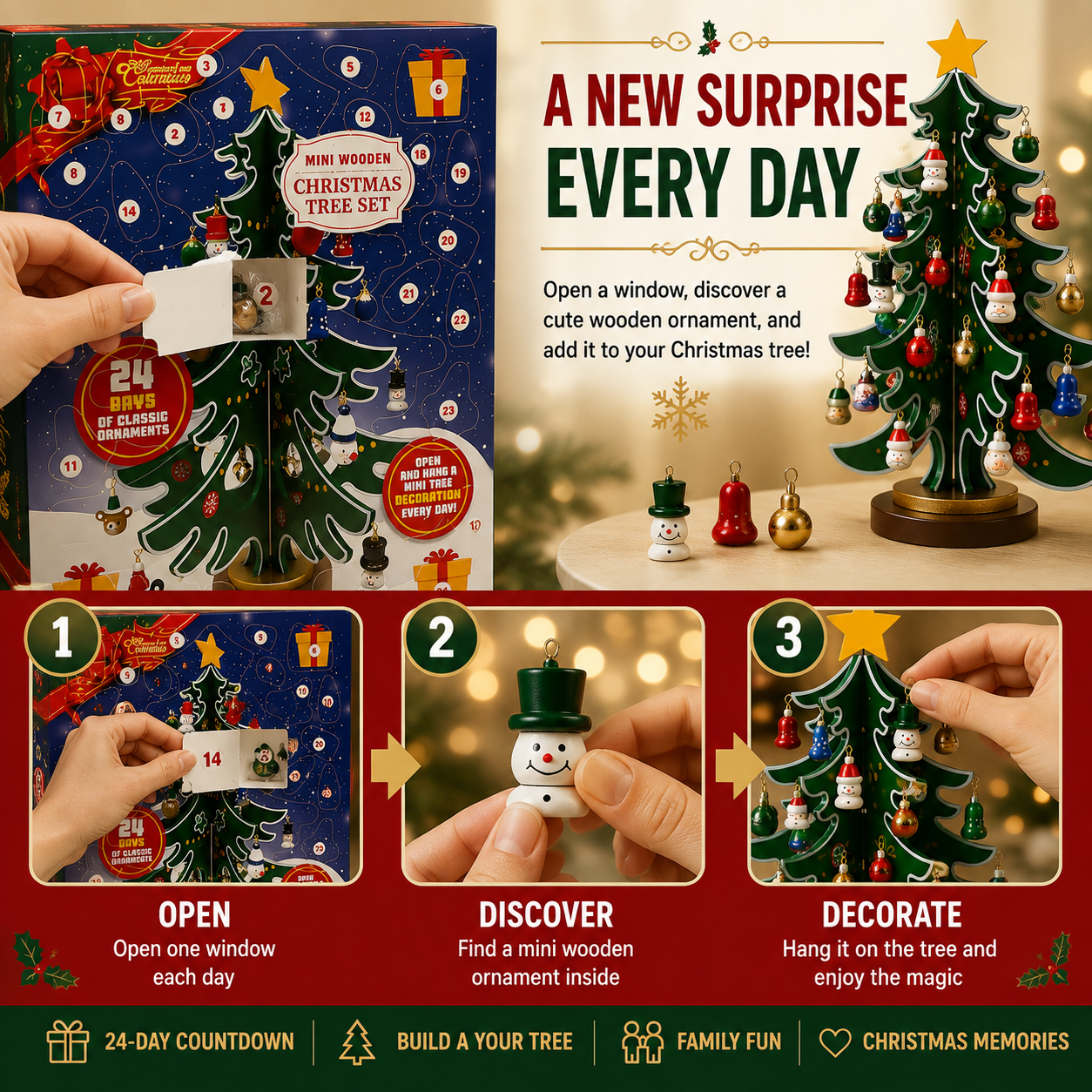 24-Day Wooden Christmas Tree Advent Calendar with Mini Ornaments