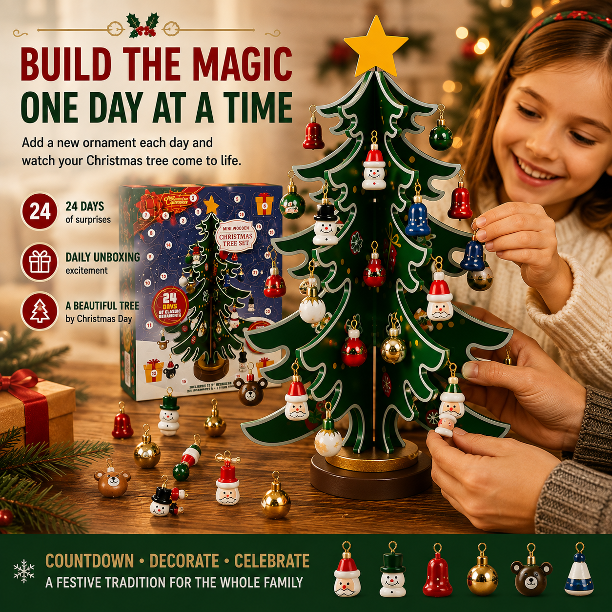 24-Day Wooden Christmas Tree Advent Calendar with Mini Ornaments