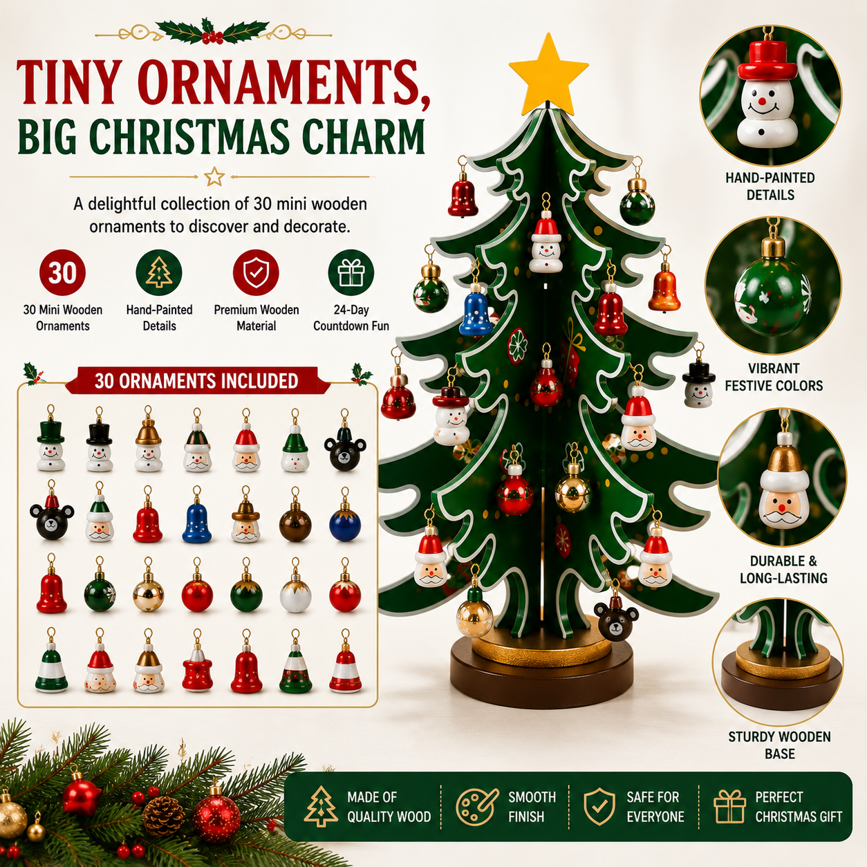 24-Day Wooden Christmas Tree Advent Calendar with Mini Ornaments