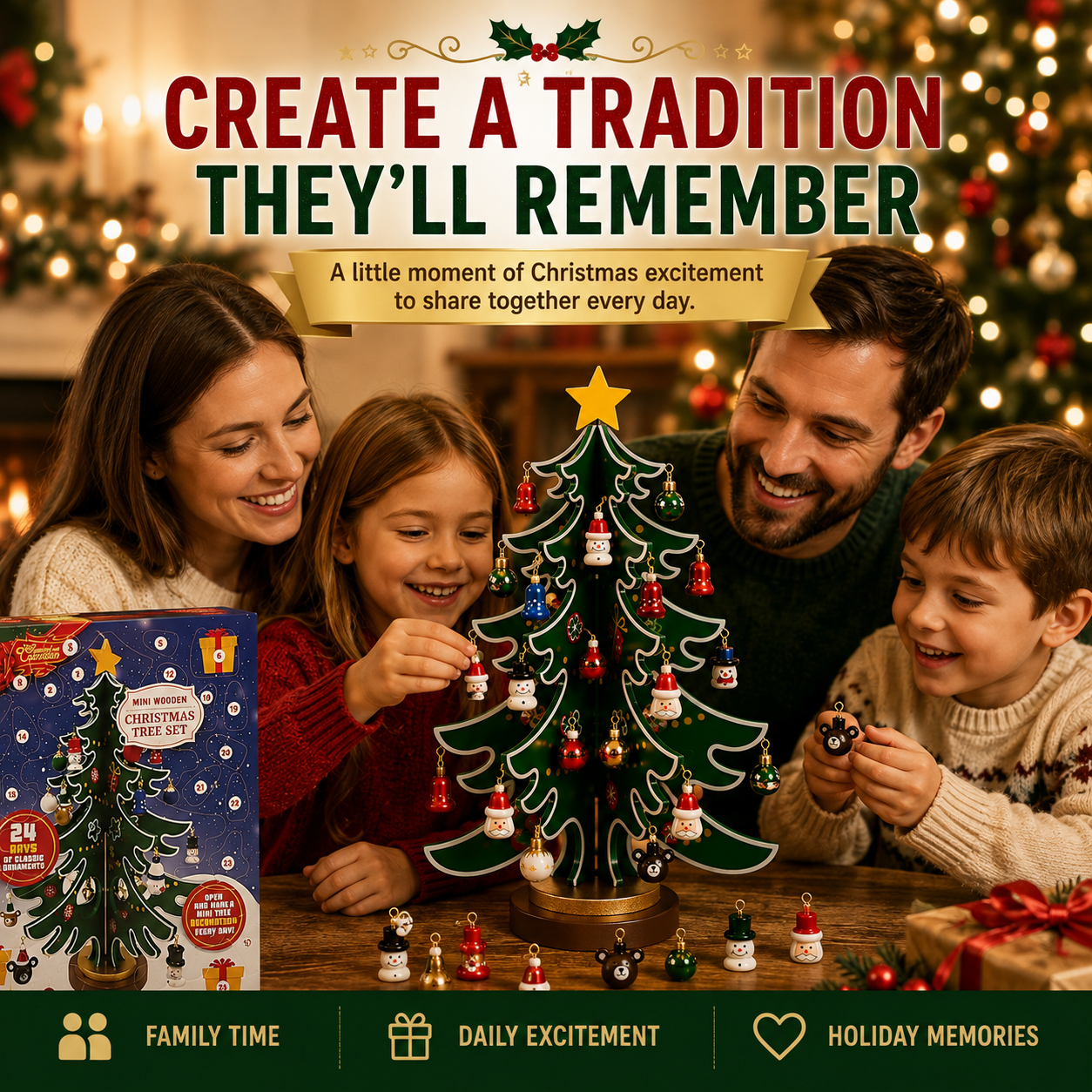 24-Day Wooden Christmas Tree Advent Calendar with Mini Ornaments
