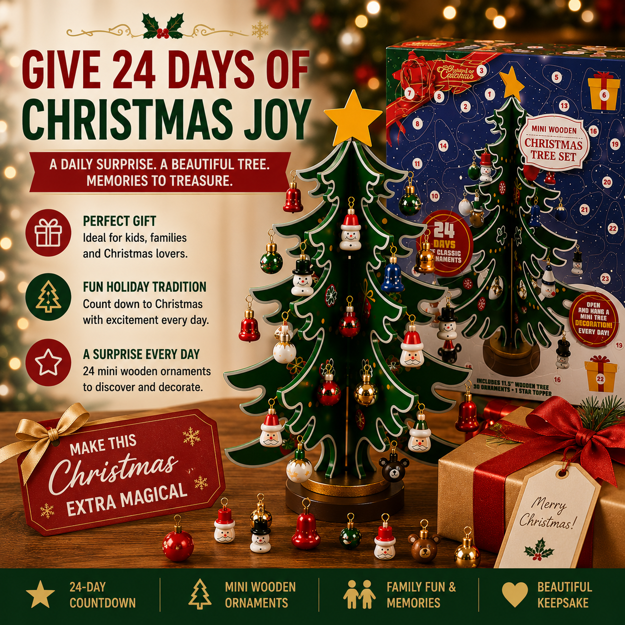24-Day Wooden Christmas Tree Advent Calendar with Mini Ornaments