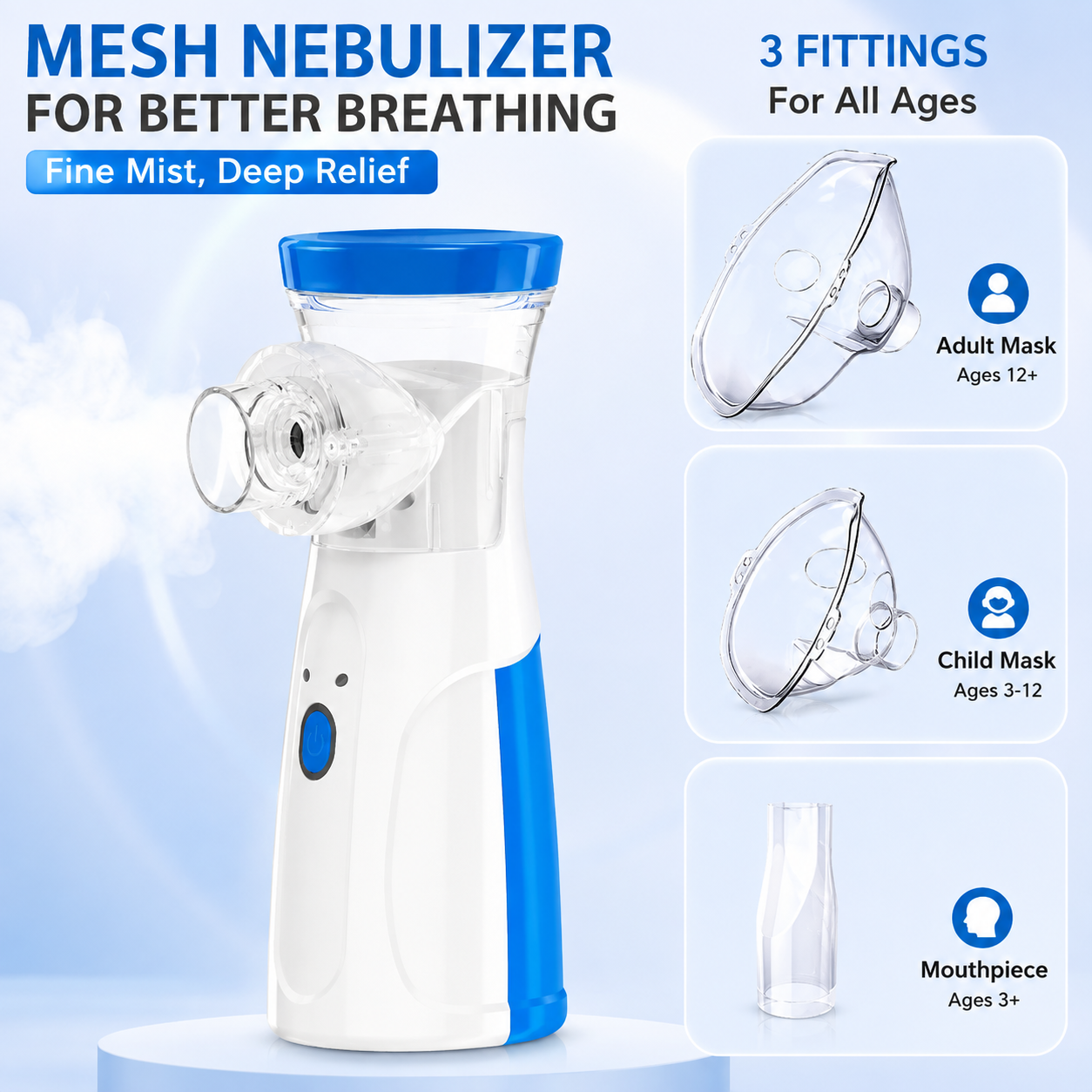 Portable Mesh Nebulizer, Silent and Compact Nebulizer Machine for Adult and Kids, Wireless Vaporizer Machine With Respiratory Mask, Effective for Cough, Asthma, Sinusitis, and Bronchitis, Steam Inhaler for Cold and Cough -Quick Relief and Daily Use Vapori