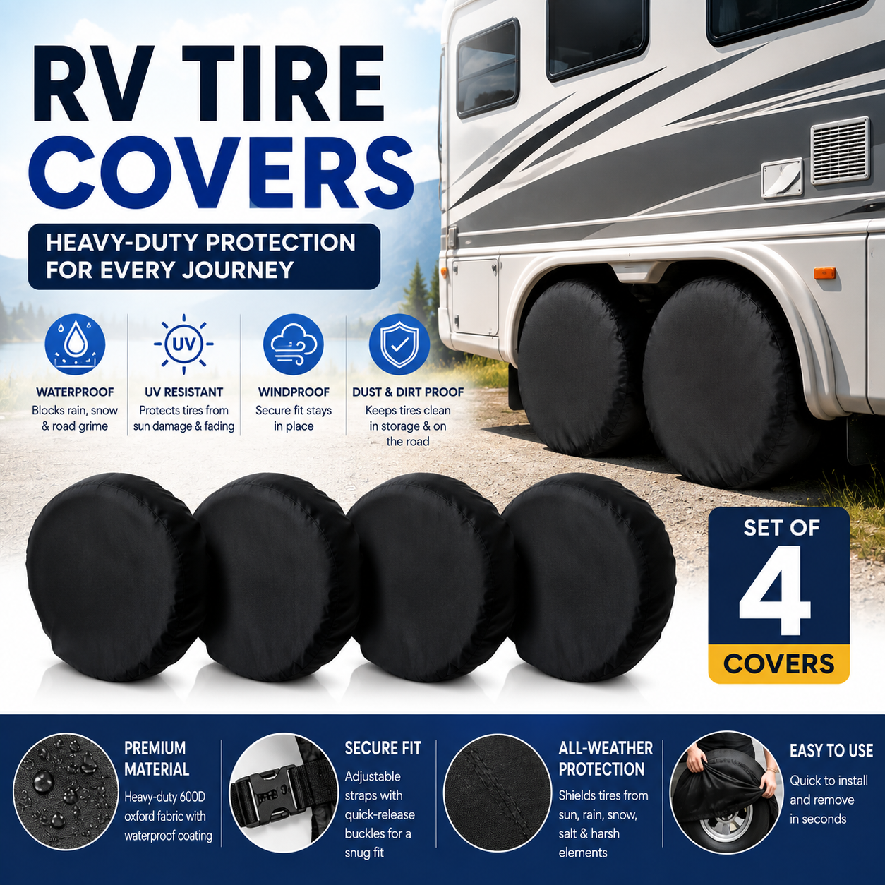 🛡️ Heavy Duty RV Tire Covers (Set of 4) — 100% Waterproof, Windproof & UV Protection for Camper, Trailer & Truck
