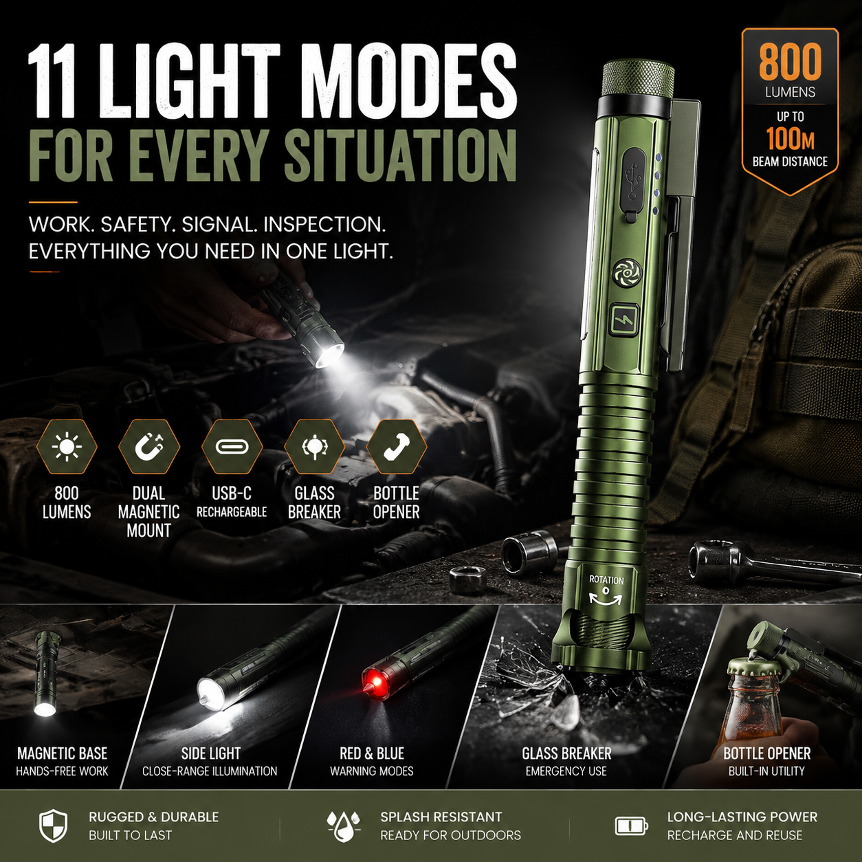 800-Lumen Rechargeable EDC Flashlight with Magnetic Base