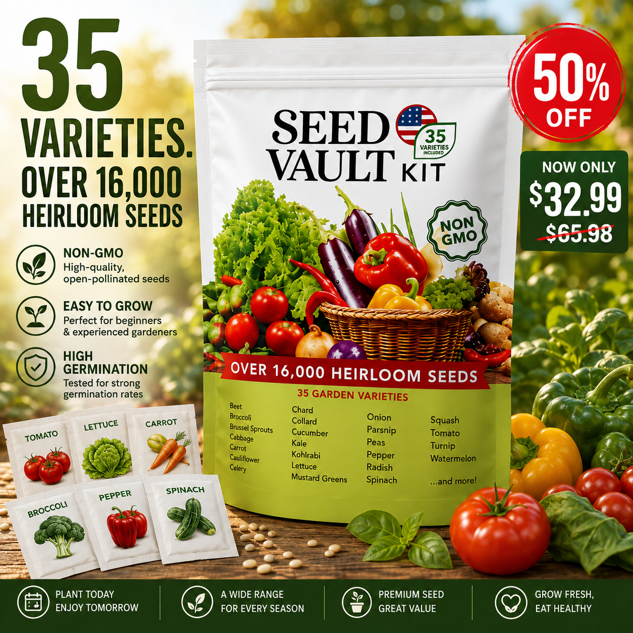 🌱35 Variety Heirloom Seed Vault Kit | 16,000+ Non-GMO Vegetable Seeds