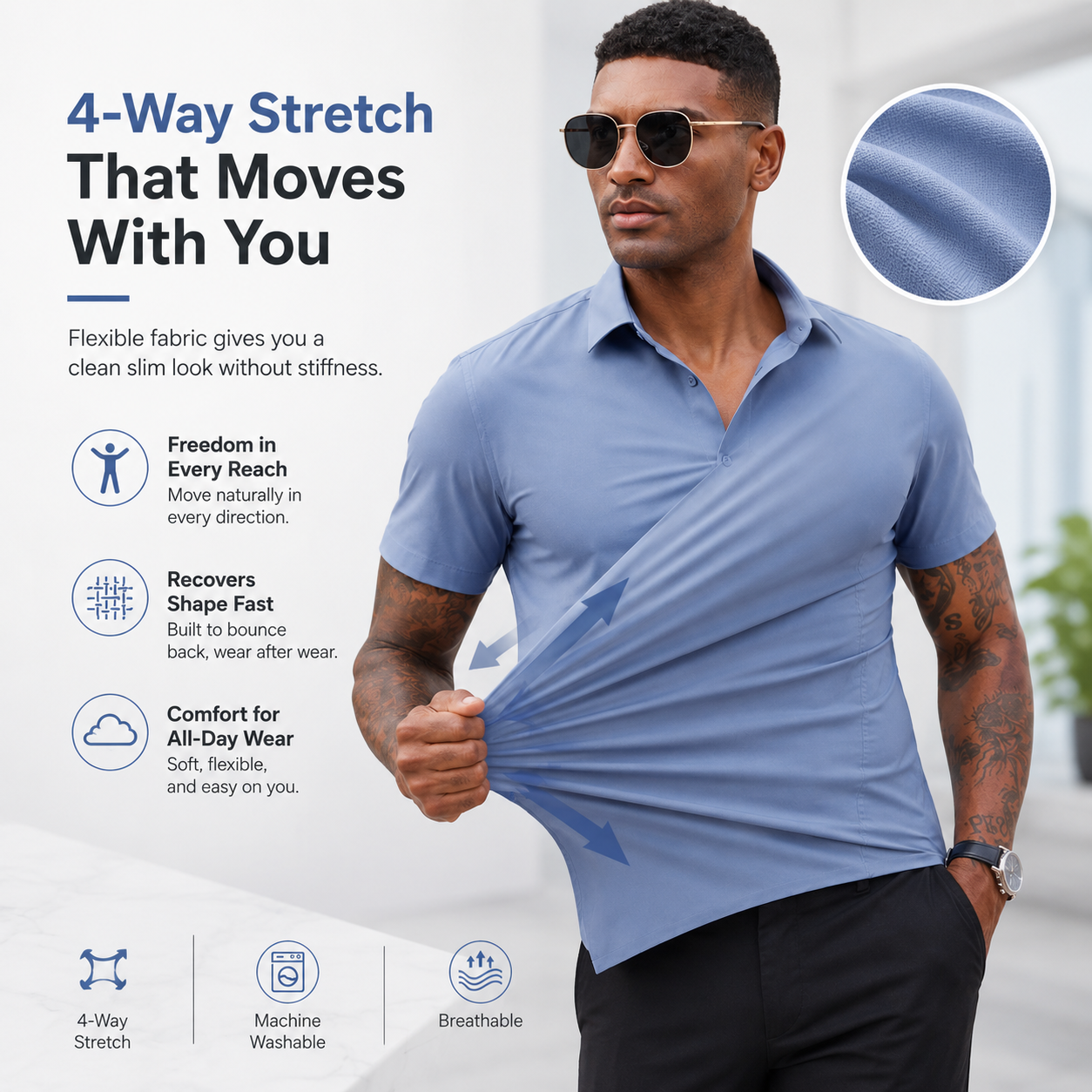 💪 Men's Stretch Slim Fit Short Sleeve Shirt – Button-Down Casual Style