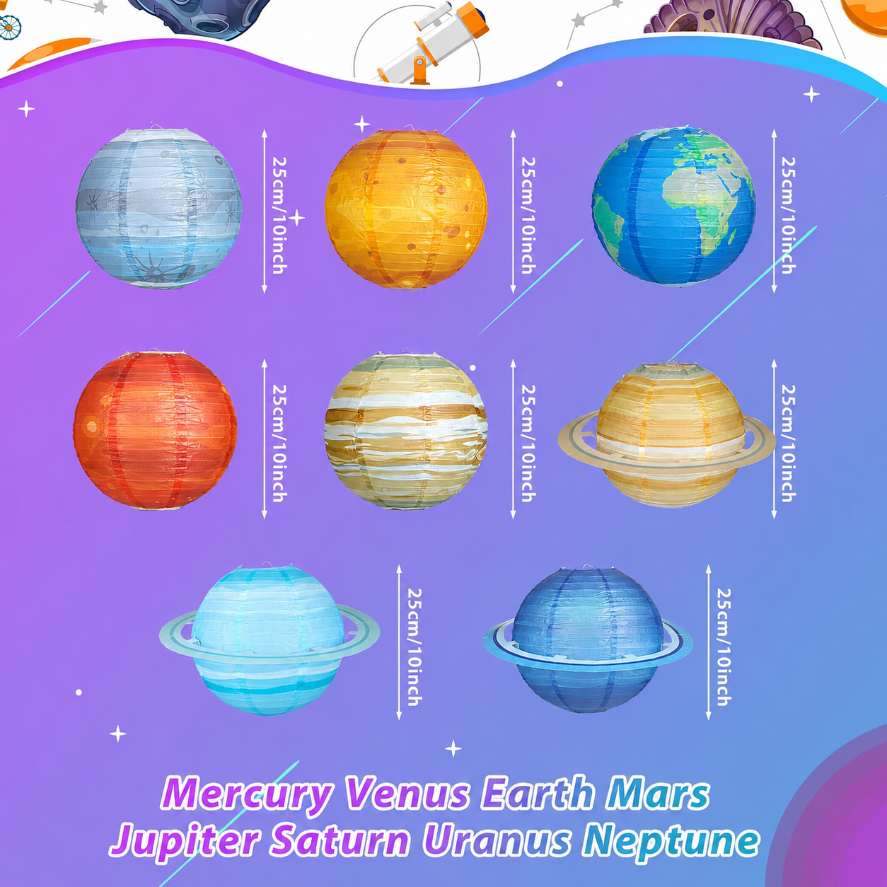 🪐 8-Piece Solar System Planet Paper Lantern Set – Outer Space Birthday Party Decorations