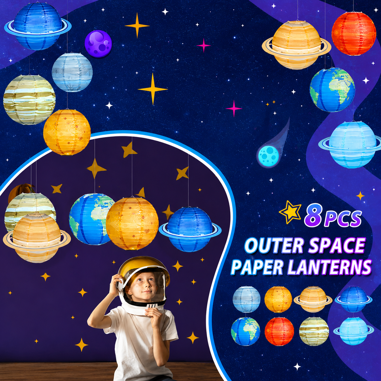 🪐 8-Piece Solar System Planet Paper Lantern Set – Outer Space Birthday Party Decorations