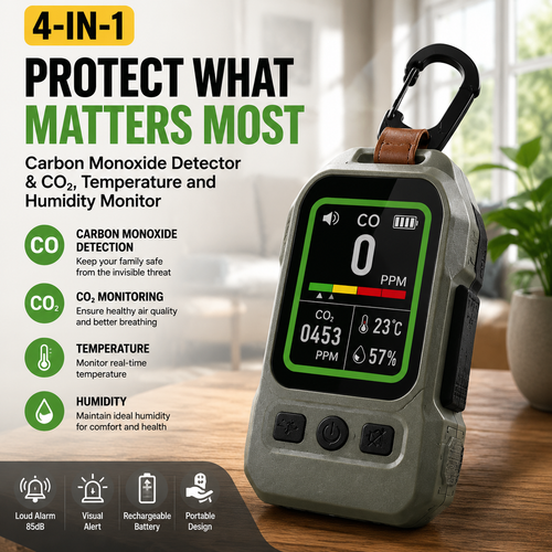 4-in-1 Carbon Monoxide Detector & CO2, Temperature and Humidity Monitor