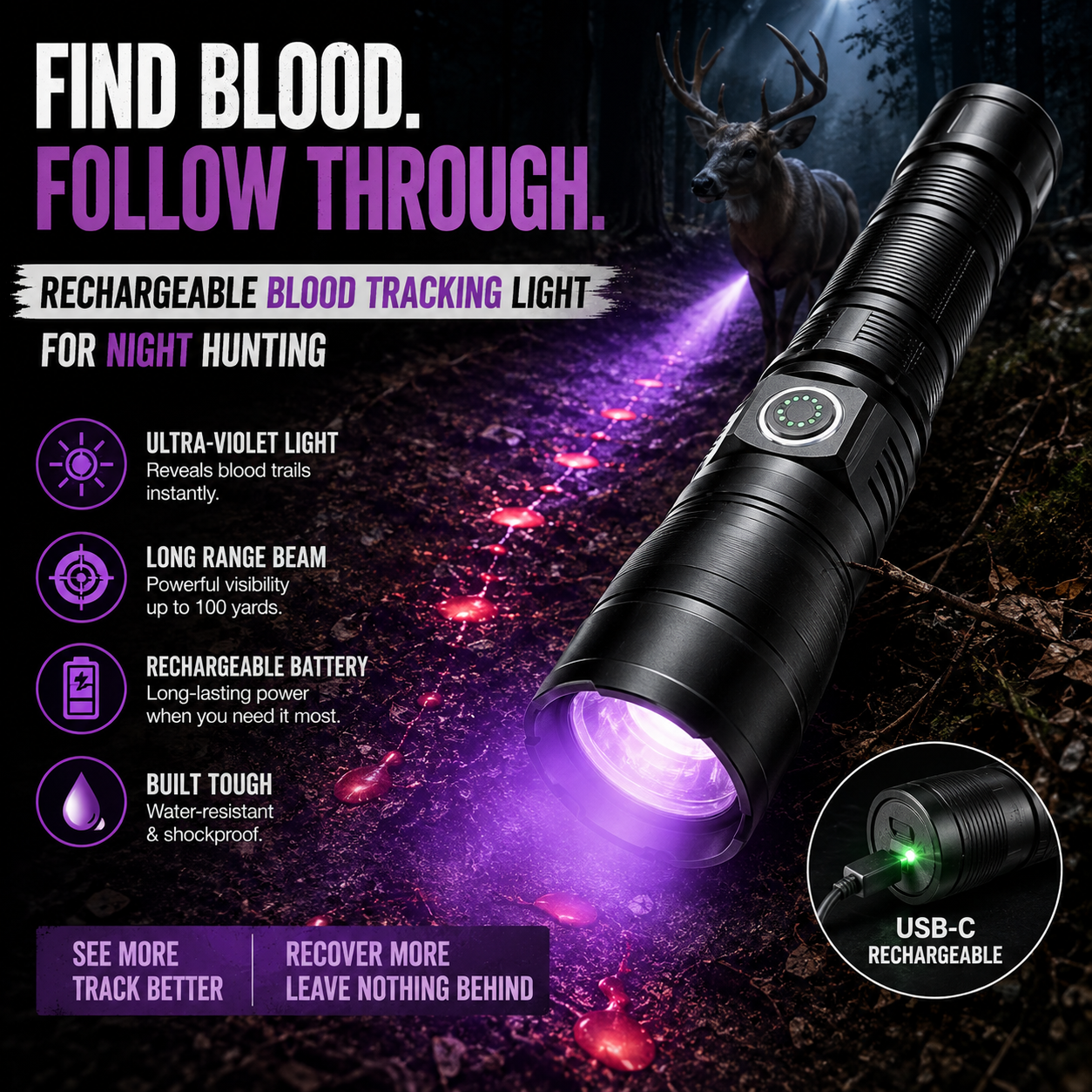 🌟🔦  Rechargeable Blood Tracking Light 🔦 For Night Hunting
