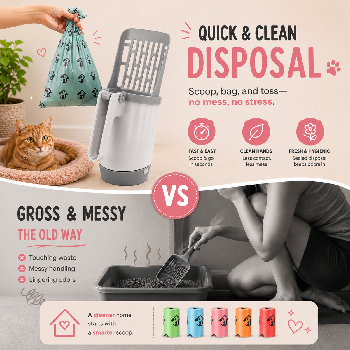The Mess-Free Cat Litter Scoop - Cat Litter Scoop with Holder,2 in 1 Cat Scoop
