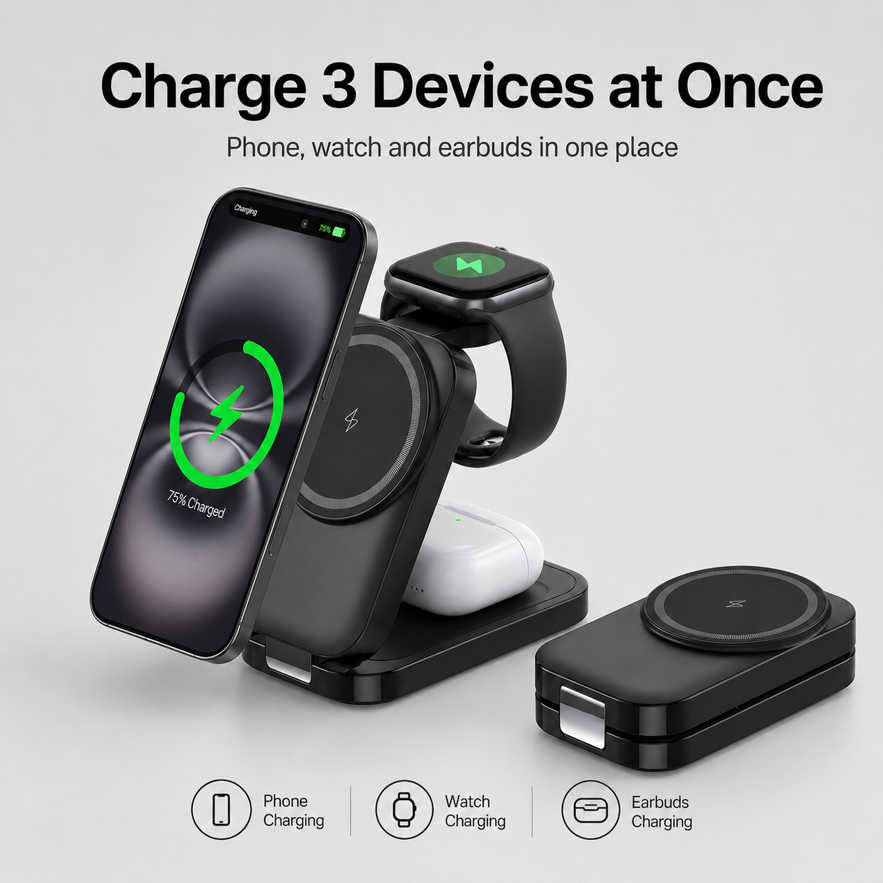 ⚡ 3-in-1 Foldable Magnetic Charger – Charge Phone, Watch & Earbuds at Once