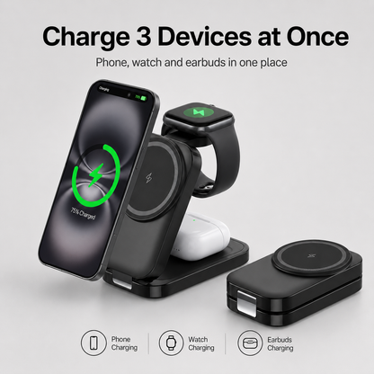 ⚡ 3-in-1 Foldable Magnetic Charger – Charge Phone, Watch & Earbuds at Once