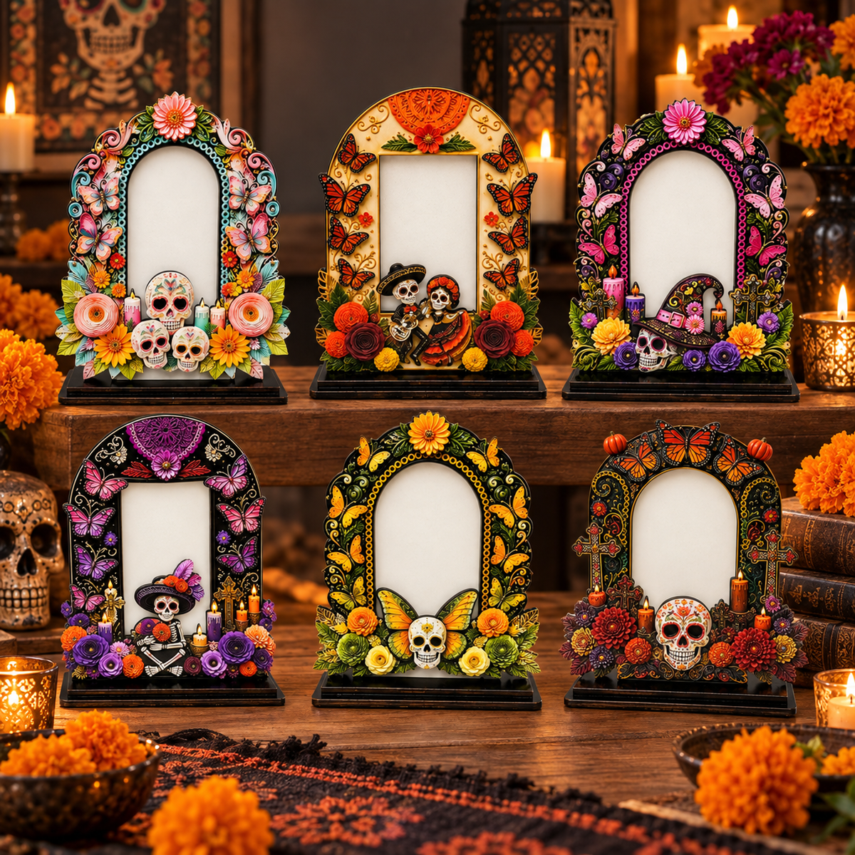 Day of the Dead Memorial Photo Frame Set – 6 Colorful Wooden Ofrenda Frames