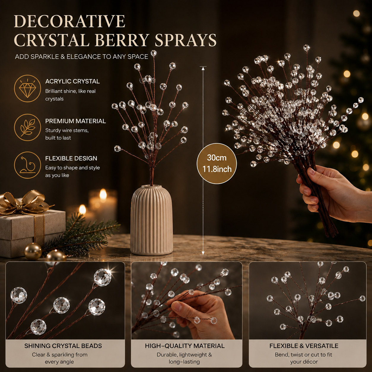 8-Pack Sparkling Crystal Christmas Tree Picks – 11.8" Flexible Beaded Branch Sprays