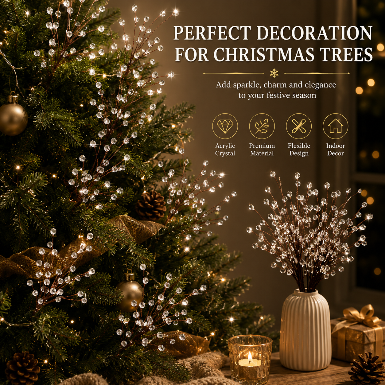 8-Pack Sparkling Crystal Christmas Tree Picks – 11.8" Flexible Beaded Branch Sprays