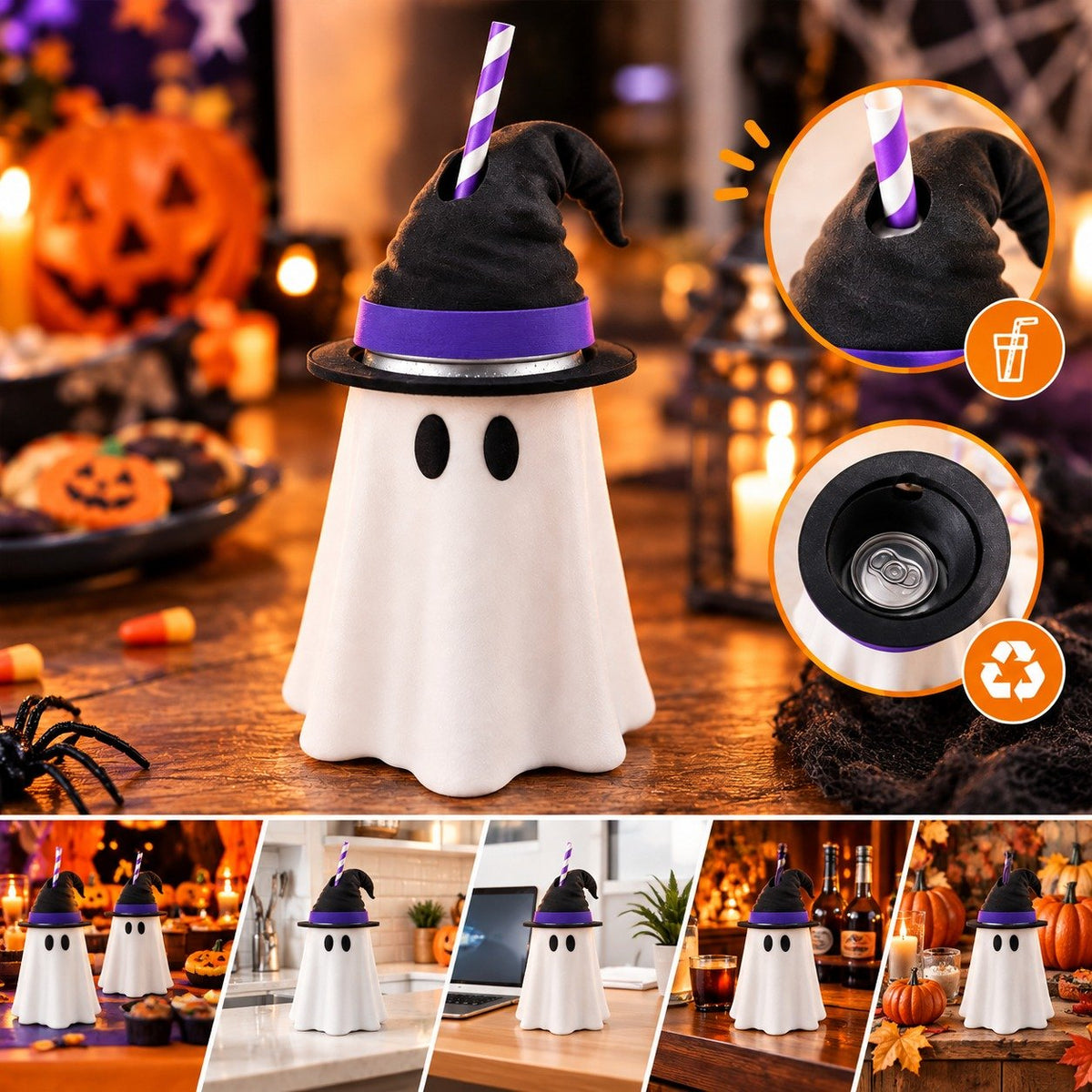 👻 Spooky Ghost Can Holder with Witch Hat Lid 🎃