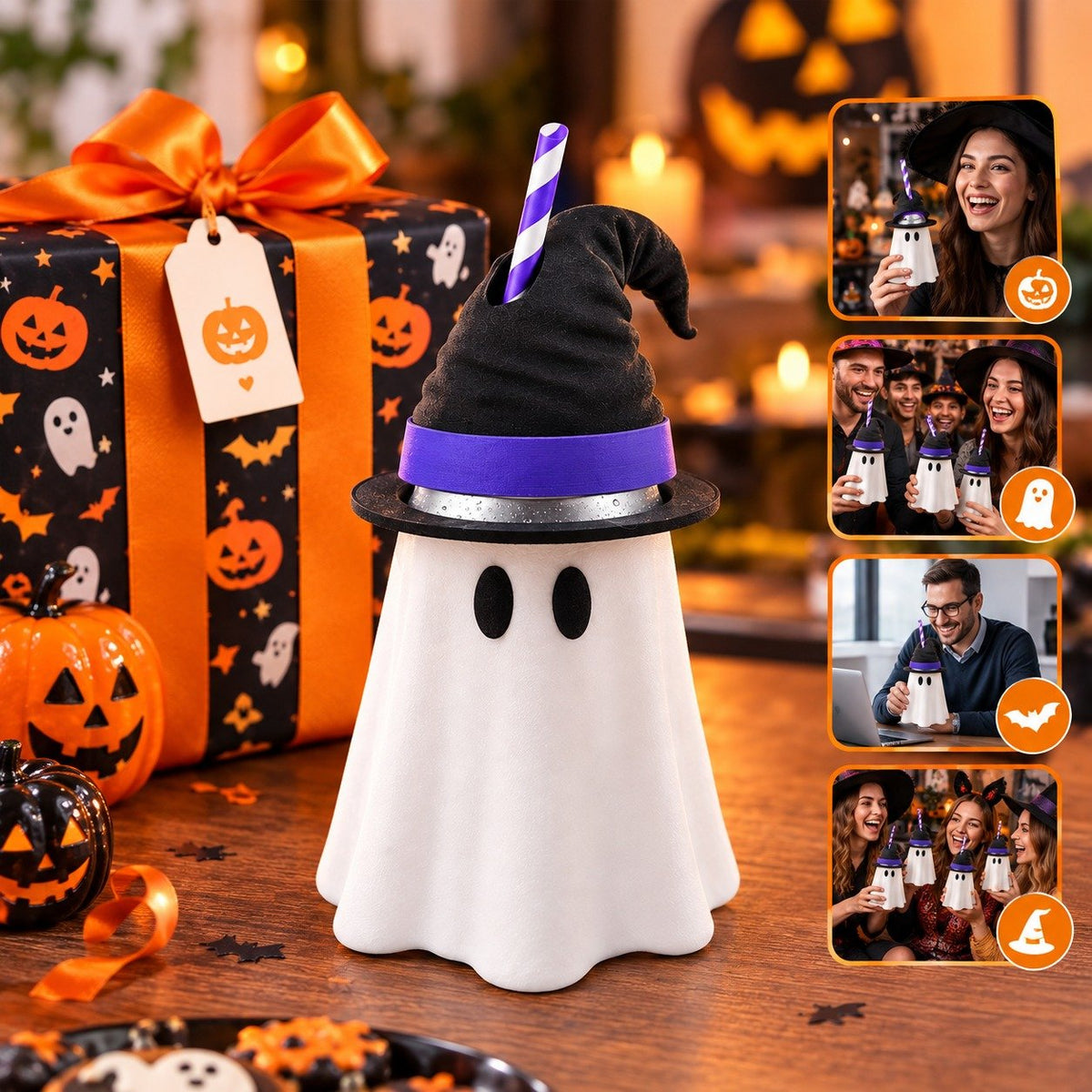 👻 Spooky Ghost Can Holder with Witch Hat Lid 🎃