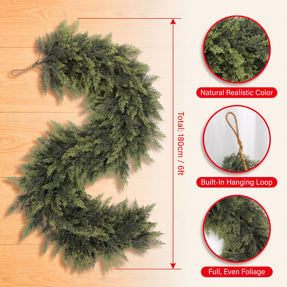 Six foot artificial cedar garland dimensions and details