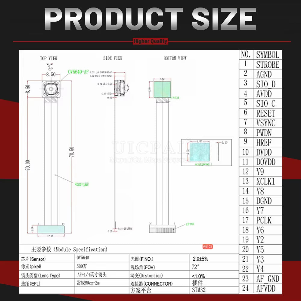 OV5640 Camera Module 78MM 68 72 120 160 Degree Auto Focus AF High-definition 5 Million Pixels 24PIN DVP MIPI Interface Camera Module