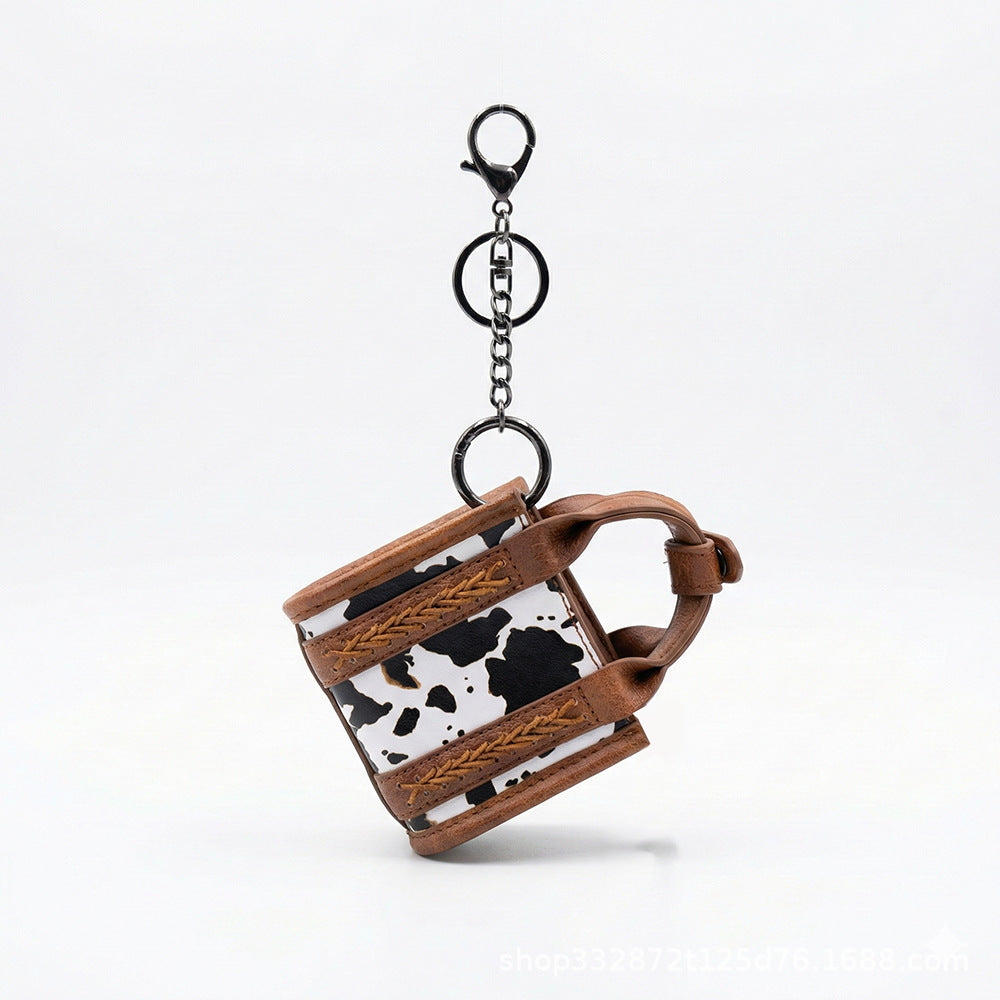 Cow Print PU Leather Earphone Case with Keychain