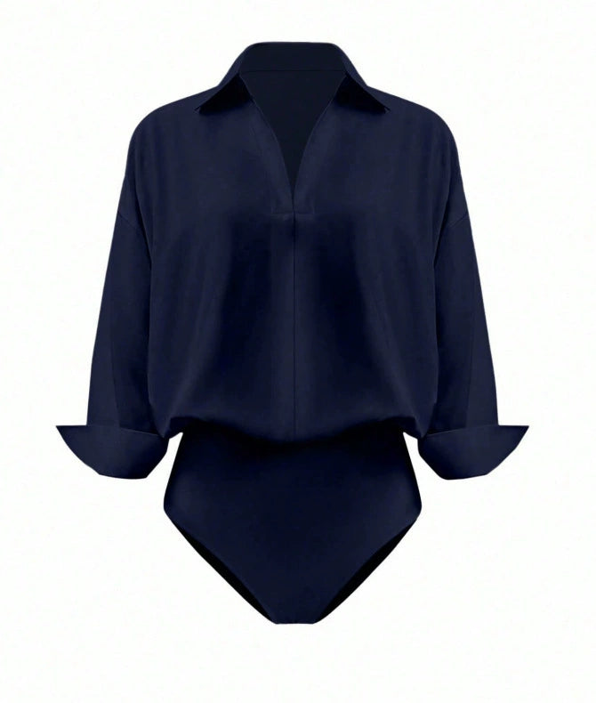 Women's Collared Deep V-Neck Shirt Bodysuit, Long Sleeve Turn-Down Collar Wrap Front Bodysuit Top
