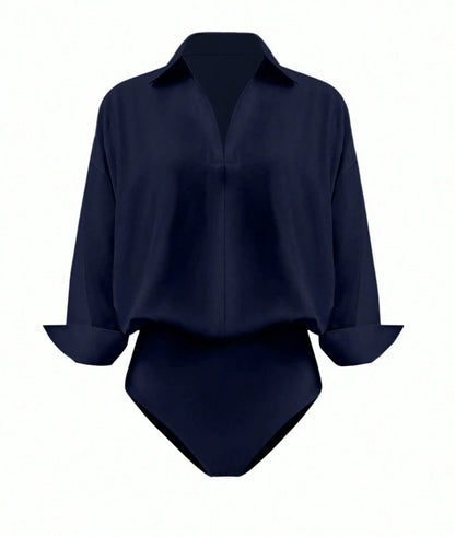 Women's Collared Deep V-Neck Shirt Bodysuit, Long Sleeve Turn-Down Collar Wrap Front Bodysuit Top