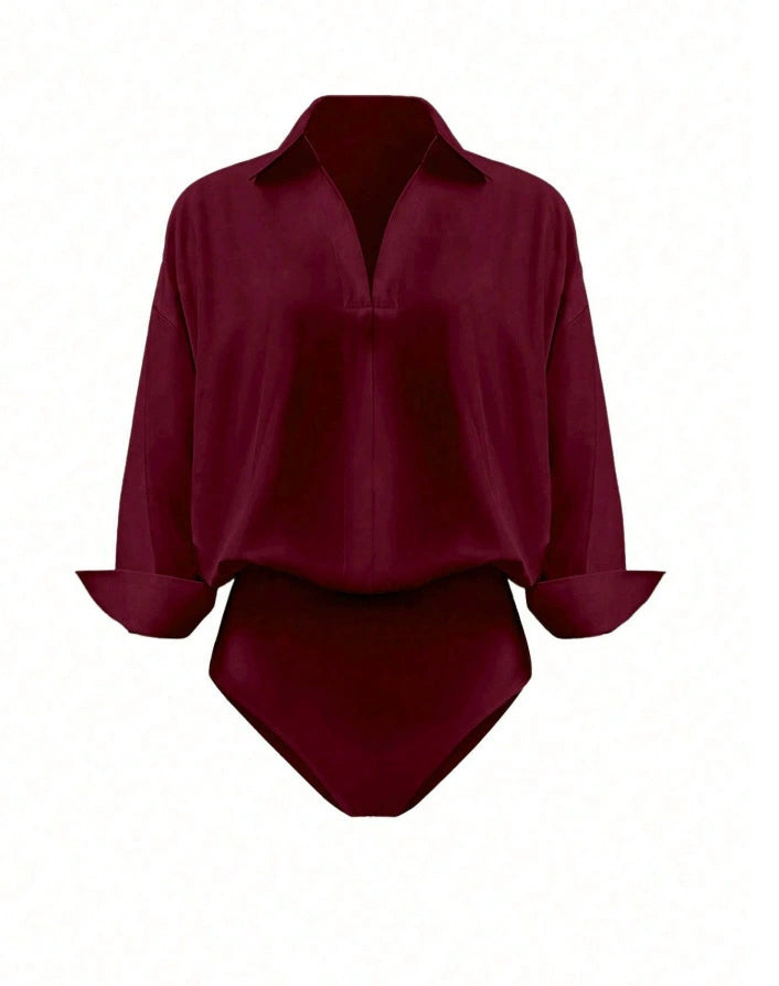 Women's Collared Deep V-Neck Shirt Bodysuit, Long Sleeve Turn-Down Collar Wrap Front Bodysuit Top