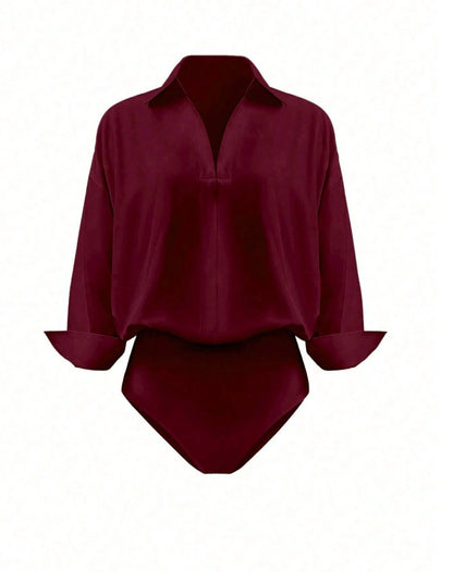 Women's Collared Deep V-Neck Shirt Bodysuit, Long Sleeve Turn-Down Collar Wrap Front Bodysuit Top