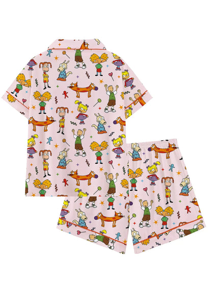 Teen Retro Cartoon Print Pajama Set -Soft Comfortable Short Sleeve Sleepwear