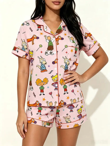 Teen Retro Cartoon Print Pajama Set -Soft Comfortable Short Sleeve Sleepwear