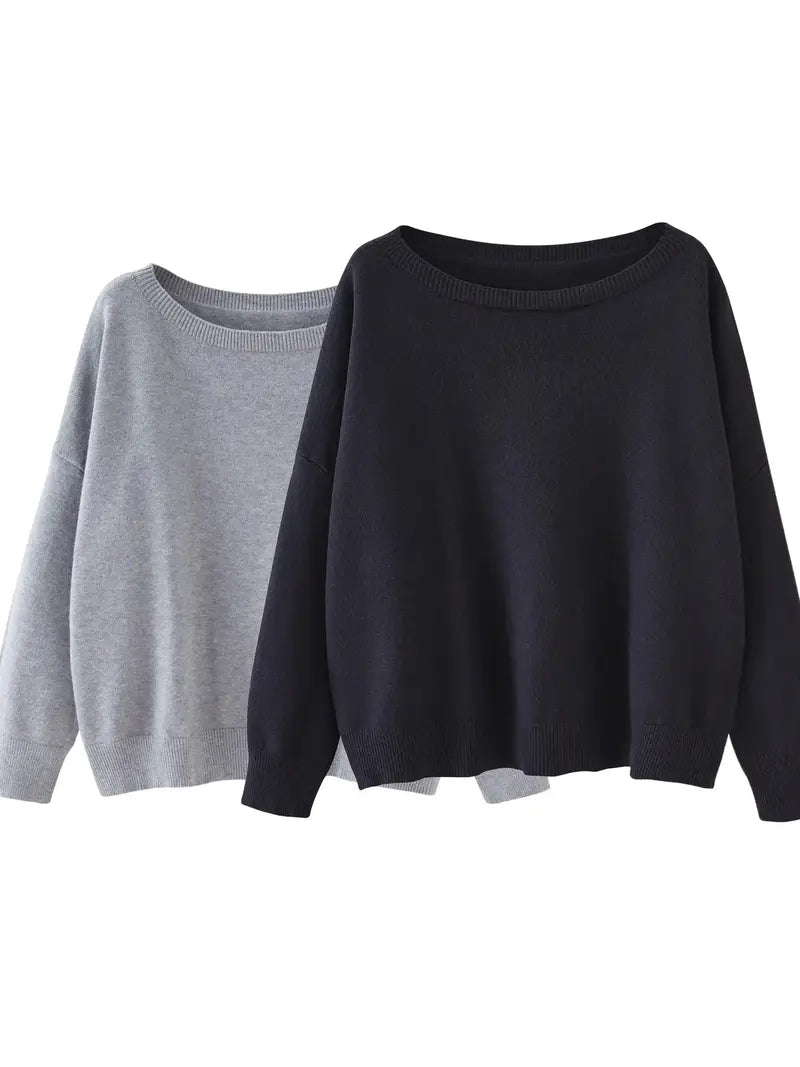 Women's Plain Scoop Neck Sweater Casual Long Sleeve Knit Top for Fall & Winter