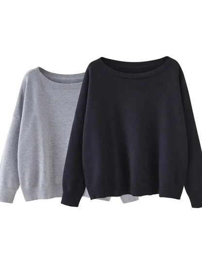 Women's Plain Scoop Neck Sweater Casual Long Sleeve Knit Top for Fall & Winter