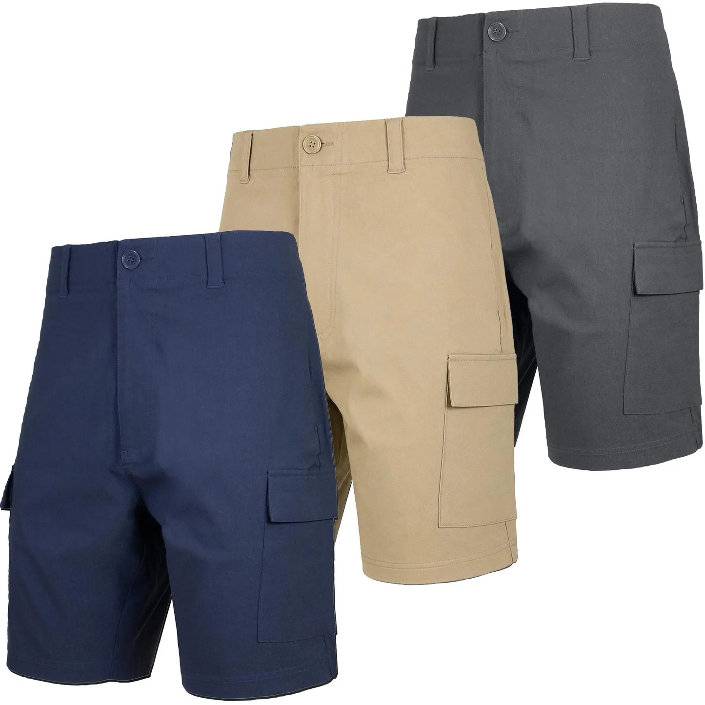 Mens 3-Pack Super Stretch Cargo Shorts with Zipper Pockets