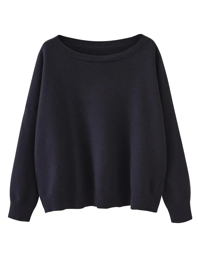 Women's Plain Scoop Neck Sweater Casual Long Sleeve Knit Top for Fall & Winter