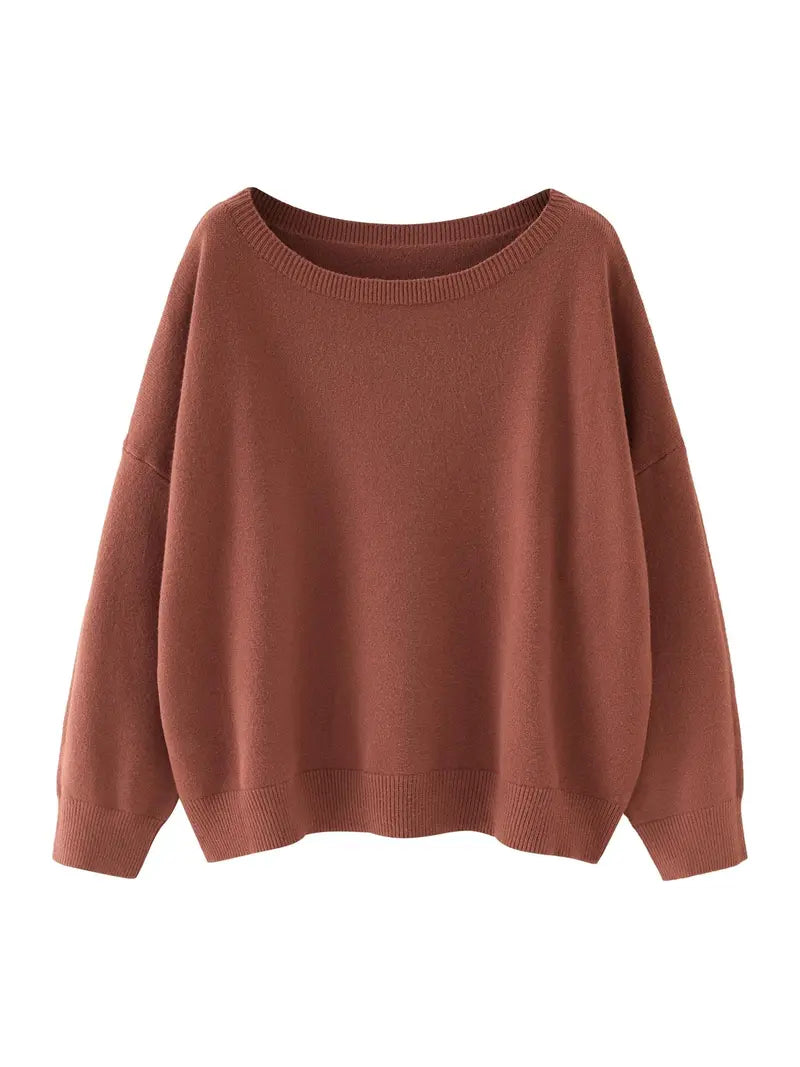 Women's Plain Scoop Neck Sweater Casual Long Sleeve Knit Top for Fall & Winter