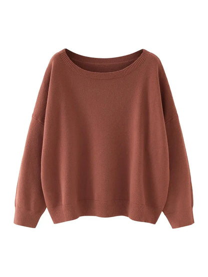 Women's Plain Scoop Neck Sweater Casual Long Sleeve Knit Top for Fall & Winter