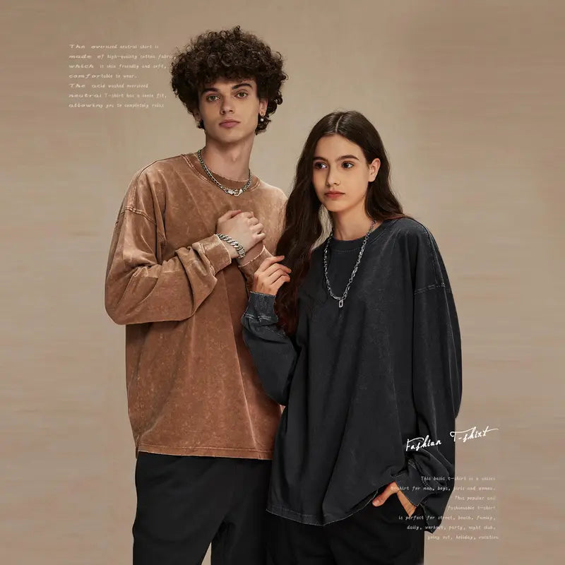 Arssm 3-Pack Unisex Long Sleeve T-Shirt – Vintage Acid Wash Baggy Cotton Tee for Streetwear, Casual Outfits & Layering